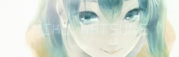 Anime picture 1500x478 with vocaloid hatsune miku keipomjp single long hair looking at viewer fringe simple background smile wide image aqua eyes aqua hair inscription piercing close-up face girl