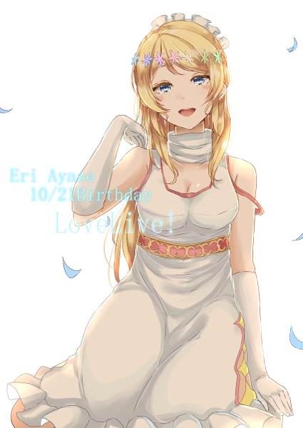 Anime picture 851x1200 with love live! school idol project sunrise (studio) love live! ayase eli amekawa setsu single long hair tall image blush fringe breasts open mouth blue eyes blonde hair simple background white background sitting bare shoulders hair flower kneeling