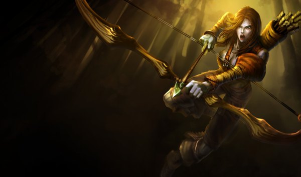 Anime picture 1215x717 with league of legends ashe (league of legends) single long hair open mouth brown hair wide image green eyes pale skin running screaming girl weapon bow (weapon)