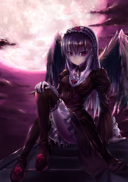 Anime picture 1000x1422 with rozen maiden suigintou asa (swallowtail) single long hair tall image looking at viewer red eyes sitting silver hair cloud (clouds) goth-loli girl thighhighs dress black thighhighs wings frills headdress moon