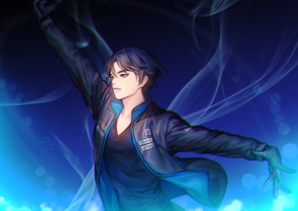 Anime picture 990x700 with yuri!!! on ice mappa lee seung-gil 'o'ne (ekdlem1) single fringe short hair black hair hair between eyes looking away upper body long sleeves arm up open jacket grey eyes spread arms blue background aura boy gloves