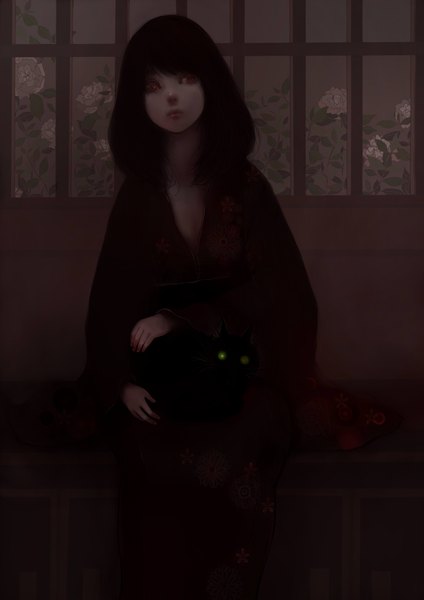 Anime picture 2893x4092 with original suzu (kopumpukin 55) single long hair tall image looking at viewer highres black hair red eyes sitting green eyes traditional clothes japanese clothes realistic night glowing dark background glowing eye (eyes) gloom girl