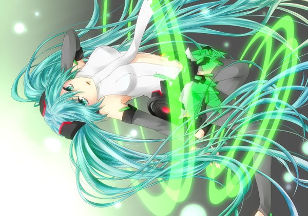 Anime picture 2480x1748 with vocaloid vocaloid append hatsune miku hatsune miku (append) rico (fbn3) long hair highres twintails bare shoulders green eyes green hair girl necktie headphones fingerless gloves