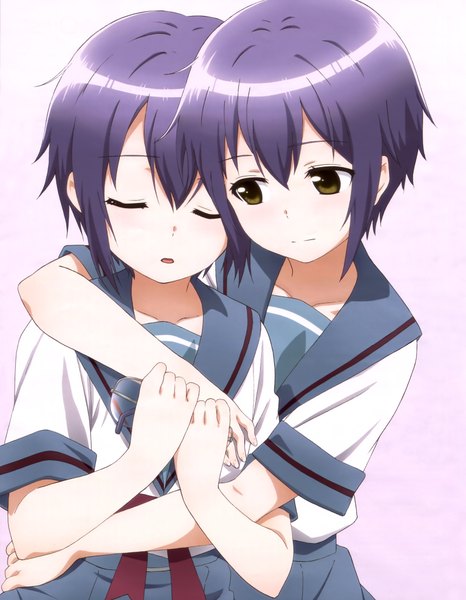 Anime picture 3173x4080 with suzumiya haruhi no yuutsu nagato yuki-chan no shoushitsu kyoto animation nagato yuki tall image highres short hair open mouth multiple girls brown eyes absurdres purple hair eyes closed official art hug dual persona cheek-to-cheek girl uniform 2 girls