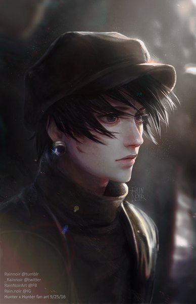 Anime picture 600x927 with hunter x hunter chrollo lucilfer rainnoir single tall image short hair black hair signed looking away upper body outdoors wind black eyes blurry realistic inscription sparkle text portrait light