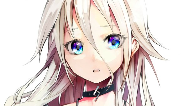 Anime picture 1920x1080 with vocaloid ia (vocaloid) akasaka aka single long hair looking at viewer highres open mouth blue eyes simple background wide image white background white hair close-up face girl choker