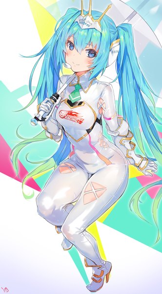 Anime picture 1800x3248 with vocaloid goodsmile racing goodsmile company hatsune miku racing miku racing miku (2015) yd (orange maru) single long hair tall image looking at viewer blush fringe highres blue eyes smile hair between eyes sitting twintails signed