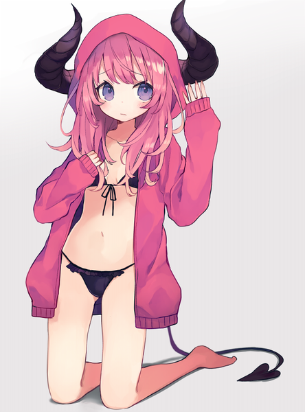 Anime picture 600x810 with original shugao single long hair tall image blush fringe breasts light erotic simple background purple eyes pink hair cleavage full body tail long sleeves horn (horns) fingernails grey background open clothes