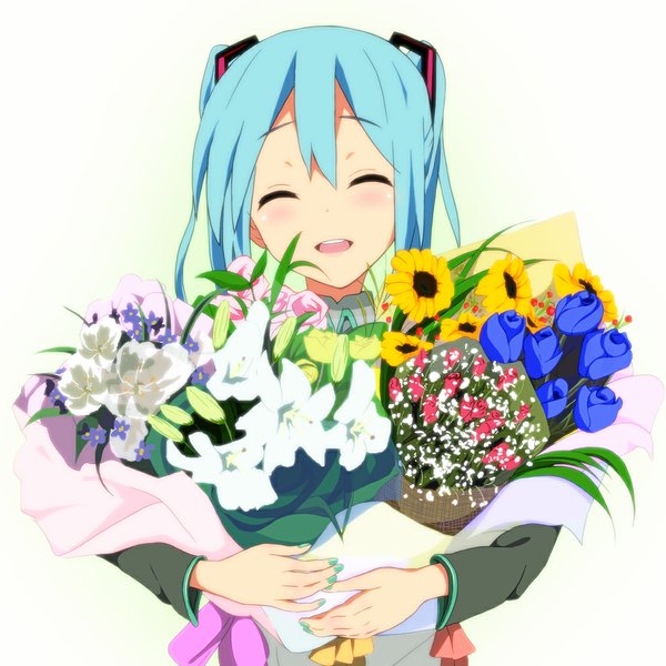 Anime picture 1000x1000 with vocaloid hatsune miku ragho no erika single long hair blush twintails blue hair eyes closed nail polish happy ^ ^ ^o^ girl flower (flowers) bouquet tulip