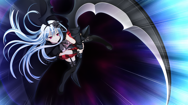 Anime picture 2560x1440 with shinigami no testament vivi alhazerd makita maki long hair highres red eyes wide image game cg silver hair girl thighhighs dress hair ornament black thighhighs scythe