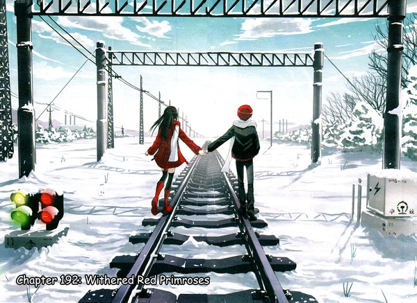 Anime picture 1919x1400 with star-stealing girl long hair highres short hair black hair standing sky cloud (clouds) ponytail red hair from behind scan couple back holding hands winter snow hand in pocket girl thighhighs