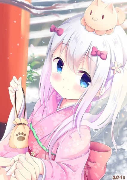 Anime picture 709x1000 with eromanga sensei a-1 pictures izumi sagiri kittipat jituatakul long hair tall image looking at viewer blush blue eyes smile silver hair traditional clothes japanese clothes from above side ponytail holding hands solo focus snow alternate hairstyle new year