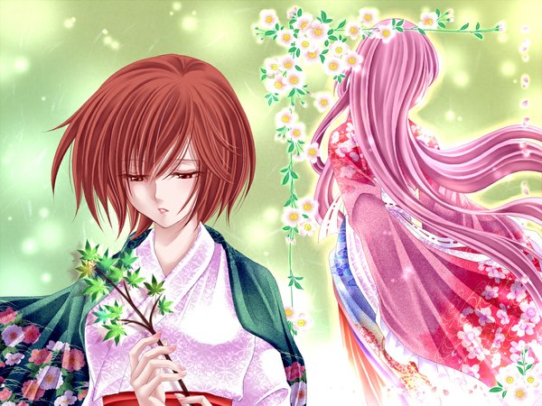 Anime picture 1066x800 with vocaloid megurine luka meiko miozaki tohno long hair short hair brown hair brown eyes pink hair traditional clothes japanese clothes from behind looking down girl branch yukata