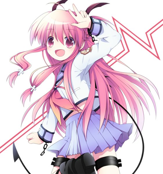 Anime picture 861x919 with angel beats! key (studio) yui (angel beats!) soranagi single long hair tall image looking at viewer blush open mouth simple background white background pink hair ahoge :d pink eyes looking back two side up victory girl