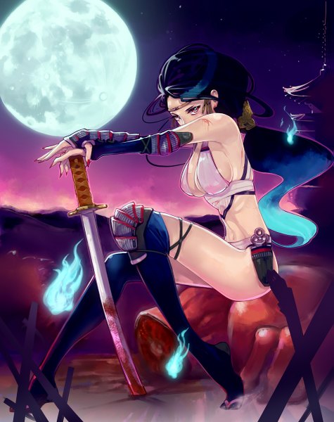 Anime picture 951x1200 with original koneko kosodate chuu single long hair tall image looking at viewer breasts light erotic black hair red eyes large breasts sitting sky ponytail nail polish multicolored hair fingernails aqua hair night two-tone hair