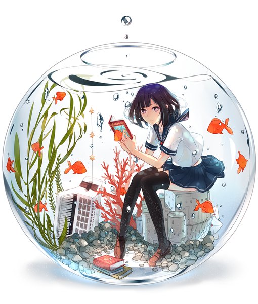 Anime picture 1000x1175 with original phantania single tall image looking at viewer short hair simple background brown hair white background sitting brown eyes reading girl thighhighs skirt uniform black thighhighs plant (plants) miniskirt water
