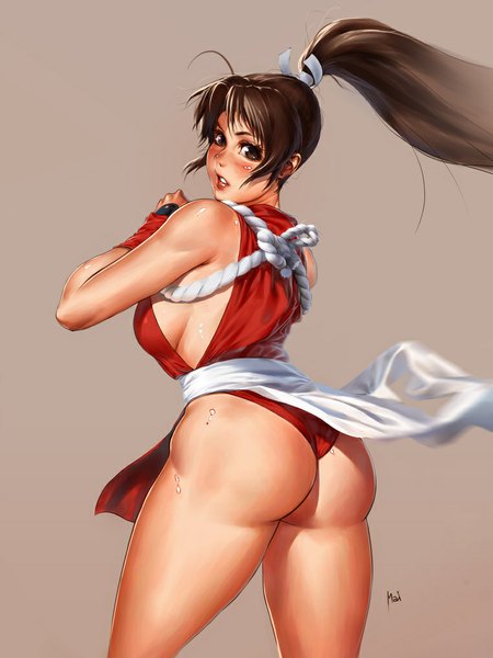Anime picture 762x1015 with the king of fighters snk shiranui mai agnidevi (artist) single long hair tall image looking at viewer blush light erotic black hair simple background red eyes signed ahoge ass ponytail looking back from behind grey background