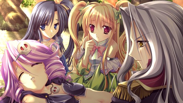 Anime picture 1024x576 with hanasaku otome to koi no grimoire long hair blue eyes black hair blonde hair red eyes wide image twintails multiple girls game cg purple hair eyes closed grey hair loli one side up drill hair girl dress boy hair ornament