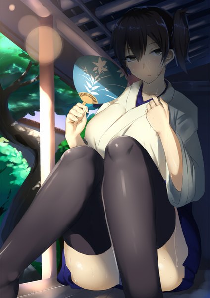 Anime picture 1084x1534 with kantai collection kaga aircraft carrier muunyan (yumenekoya) single tall image looking at viewer short hair light erotic black hair sitting brown eyes traditional clothes sweat girl thighhighs black thighhighs fan