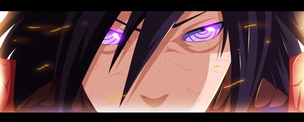 Anime picture 2800x1132 with naruto studio pierrot naruto (series) uchiha madara khalilxpirates single long hair highres black hair wide image purple eyes coloring close-up face rinnegan boy fire