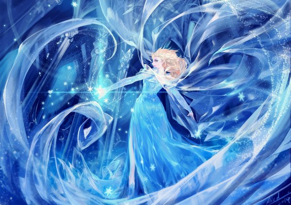 Anime picture 3508x2480 with frozen (disney) disney elsa (frozen) alcd single long hair looking at viewer blush highres blonde hair absurdres braid (braids) turning head magic girl dress snowflake (snowflakes)