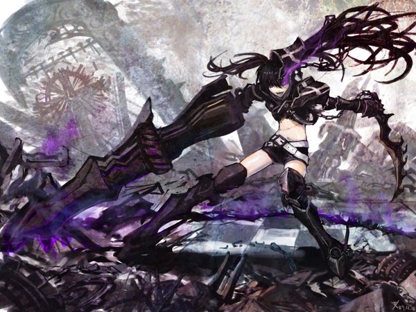 Anime picture 1600x1200 with black rock shooter insane black rock shooter charimei single long hair looking at viewer open mouth black hair twintails purple eyes glowing scar glowing eye (eyes) checkered floor girl weapon sword shorts gun