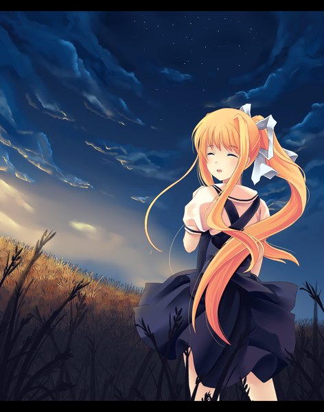 Anime picture 836x1063 with air key (studio) kamio misuzu hitsukuya single long hair tall image blush open mouth smile sky cloud (clouds) ponytail eyes closed looking back orange hair girl dress ribbon (ribbons) plant (plants)