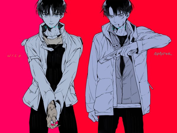 Anime picture 1280x962 with shingeki no kyojin production i.g eren yaeger levi (rivaille) tagme (artist) looking at viewer short hair black hair simple background black eyes multiple boys monochrome red background boy weapon jacket gun blood 2 boys pistol