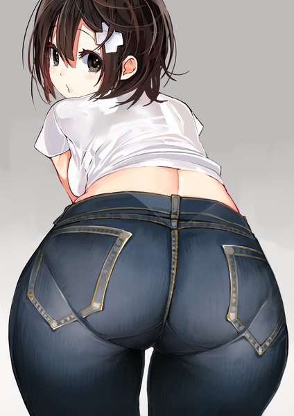 Anime picture 2894x4093 with original kawakami masaki single tall image looking at viewer fringe highres short hair light erotic simple background hair between eyes brown hair brown eyes ass looking back from behind grey background leaning leaning forward girl