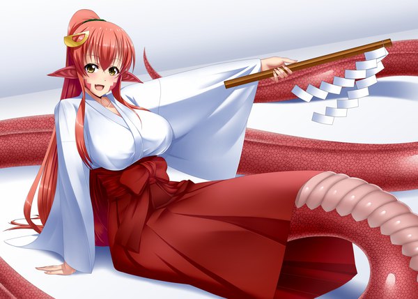 Anime picture 1845x1320 with monster musume no iru nichijou miia (monster musume) kagiyama (gen'ei no hasha) single long hair highres breasts open mouth simple background smile large breasts white background sitting yellow eyes payot ponytail red hair tail very long hair traditional clothes