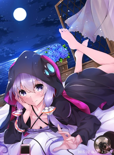 Anime picture 1700x2300 with vocaloid yuzuki yukari akari ajisai single long hair tall image blush smile hair between eyes purple eyes twintails sky purple hair barefoot wind night arm support night sky low twintails on stomach