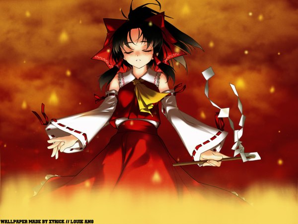 Anime picture 1280x960 with touhou hakurei reimu open mouth bare shoulders eyes closed miko girl skirt ribbon (ribbons) hair ribbon detached sleeves skirt set