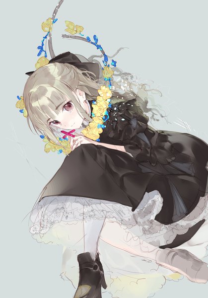 Anime picture 800x1145 with original macciatto (aciel02) single long hair tall image fringe simple background purple eyes lying blunt bangs grey hair grey background dutch angle tears on side half updo girl dress flower (flowers) bow