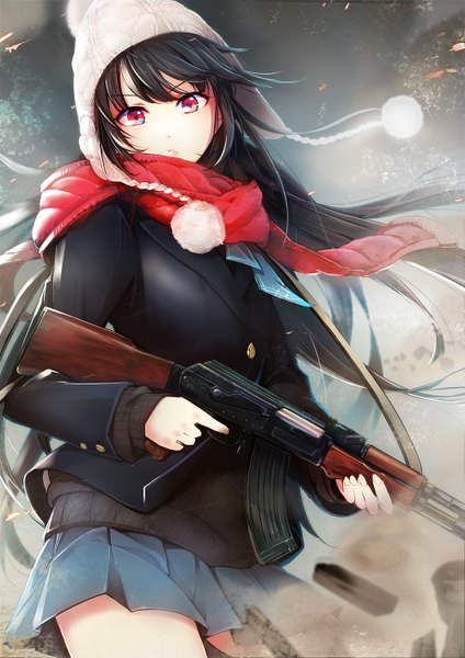 Anime picture 1000x1414 with original kuroshio maki single long hair tall image looking at viewer black hair red eyes girl skirt weapon scarf gun cap red scarf pom pom (clothes) ak-47