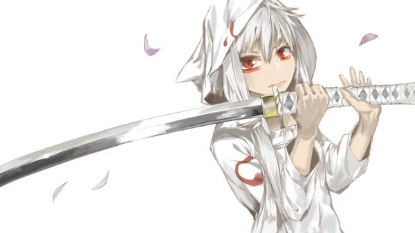 Anime picture 2560x1440 with vocaloid yowane haku hoffan'nyi (seiga id816072) single long hair highres simple background red eyes wide image white background white hair wallpaper girl weapon petals sword katana hood