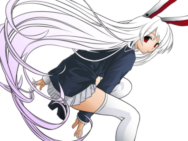 Anime picture 5000x3750 with touhou reisen udongein inaba cradle (artist) looking at viewer highres white hair very long hair from behind bunny ears zettai ryouiki bunny girl transparent background girl thighhighs miniskirt white thighhighs