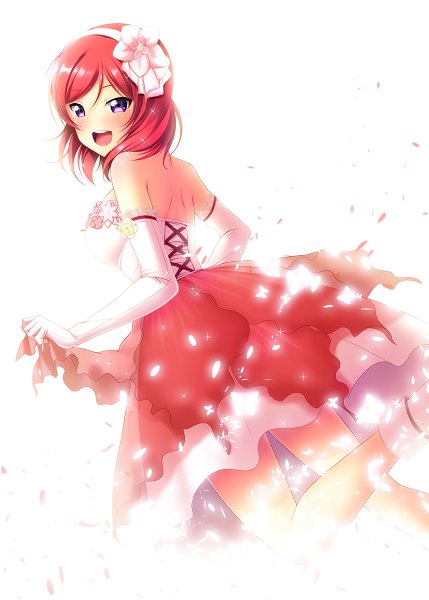 Anime picture 858x1200 with love live! school idol project sunrise (studio) love live! nishikino maki yu-ta single tall image blush short hair open mouth purple eyes red hair girl dress gloves petals elbow gloves white gloves hairband