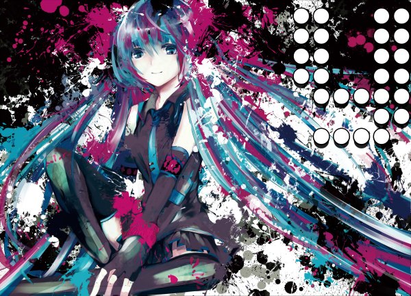 Anime picture 1200x864 with vocaloid hatsune miku meola single long hair twintails aqua eyes light smile aqua hair girl skirt necktie fingerless gloves thigh boots