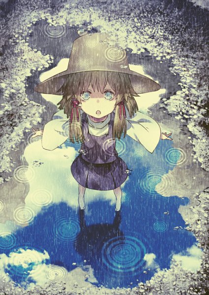 Anime picture 702x991 with touhou moriya suwako benitama single tall image looking at viewer fringe short hair open mouth blue eyes brown hair payot sky cloud (clouds) lying from above reflection rain girl skirt