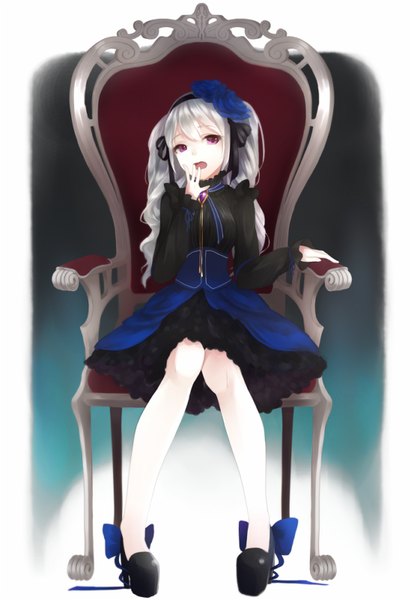 Anime picture 549x800 with original nemunemu (bluelight5) single long hair tall image looking at viewer fringe open mouth sitting purple eyes silver hair high heels lolita fashion girl dress black dress armchair