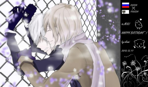 Anime picture 1609x947 with axis powers hetalia studio deen russia (hetalia) prussia (hetalia) akami (pixiv) fringe blonde hair smile wide image white hair eyes closed hair over one eye couple shounen ai cold boy gloves scarf coat