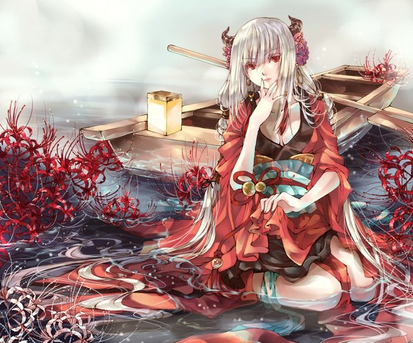 Anime picture 1000x833 with original hankillu blonde hair red eyes very long hair traditional clothes japanese clothes hair flower horn (horns) wet clothes girl hair ornament flower (flowers) water kimono bell lantern watercraft higanbana boat