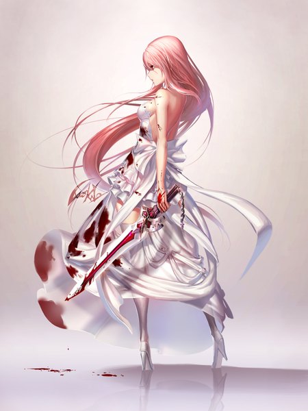 Anime picture 1125x1500 with original recovered memory ada leah luen kulo single long hair tall image red eyes bare shoulders looking away pink hair profile girl thighhighs dress weapon white thighhighs sword blood wedding dress
