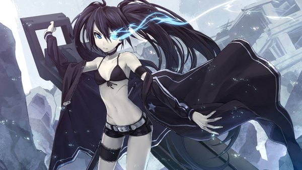 Anime picture 1920x1080 with black rock shooter black rock shooter (character) single long hair highres blue eyes black hair wide image twintails absurdres very long hair midriff glowing flat chest scar glowing eye (eyes) pale skin arm cannon girl navel