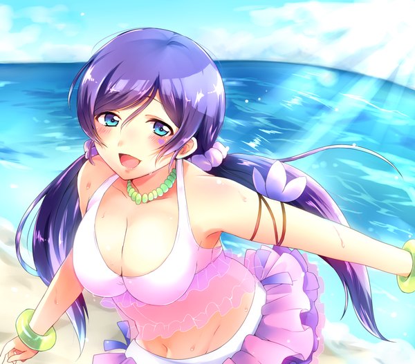 Anime picture 1364x1200 with love live! school idol project sunrise (studio) love live! toujou nozomi kinoope single long hair looking at viewer blush breasts open mouth blue eyes light erotic smile large breasts twintails bare shoulders sky purple hair cloud (clouds)