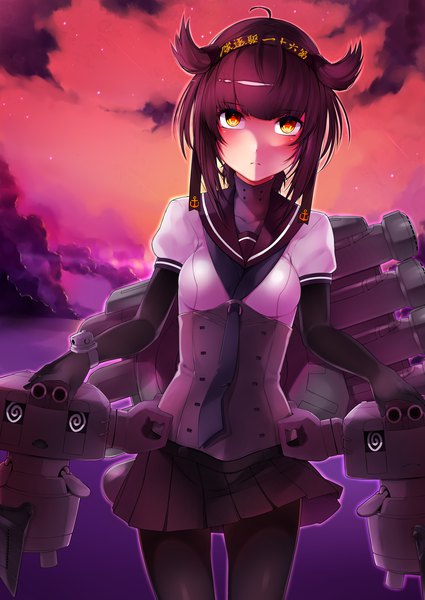 Anime picture 2507x3541 with kantai collection hatsuzuki destroyer chou-10cm-hou-chan nezumidoshi single tall image looking at viewer highres short hair brown hair standing yellow eyes cloud (clouds) ahoge pleated skirt puffy sleeves evening sunset expressionless girl
