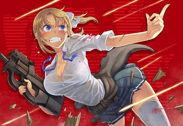 Anime picture 1500x1039 with original itou (onsoku tassha) single long hair breasts open mouth blue eyes blonde hair large breasts looking away ponytail pleated skirt open clothes sweat leaning open shirt leaning forward tears side ponytail arched back
