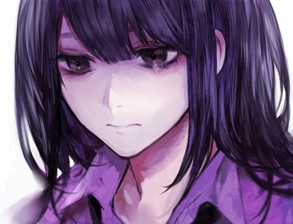 Anime picture 1000x768 with original tcb (pixiv) single long hair fringe purple hair black eyes looking down open collar sad girl teardrop