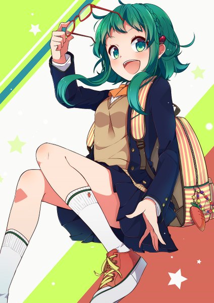 Anime picture 900x1273 with vocaloid gumi nou single tall image looking at viewer blush short hair open mouth green eyes green hair girl uniform school uniform socks glasses shoes white socks sneakers backpack