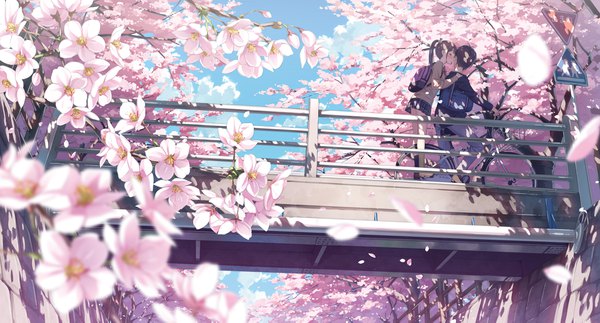 Anime picture 4436x2389 with original kantoku long hair blush highres short hair black hair wide image absurdres outdoors ponytail eyes closed couple cherry blossoms almost kiss girl boy skirt uniform flower (flowers)